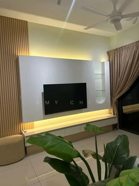 Living features: wall-mounted TV, built-in TV console, LED strip lighting, cream painted walls, wood panel accent wall, ceiling fan, large windows with curtains, potted plant; style: modern.