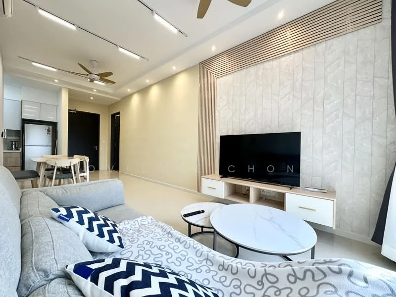 Living features: grey fabric sofa, marble coffee table, wall-mounted TV, TV console with storage, 5-blade ceiling fan, recessed downlights, wood panel accent wall, cream painted walls, light-colored flooring, decorative throw blanket, decorative cushions with patterns; style: modern.