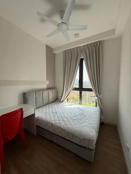 Bedroom features: queen-size bed, upholstered headboard, white bedding, floor-to-ceiling window, curtains, 5-blade ceiling fan, wooden flooring, study desk, red plastic chair; style: modern; view: city.
