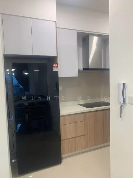 Kitchen features: black fridge, white upper cabinets, wood lower cabinets, stainless-steel range hood, built-in cooktop, light-colored countertop, neutral wall color, open layout; style: modern.