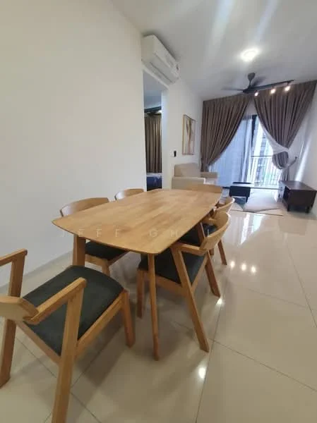 Dining features: wooden dining table, 6-seater dining table, wooden dining chairs with fabric seats, air conditioning unit on wall, floor-to-ceiling windows, curtains, polished tile flooring, ceiling fan with light; style: modern. Living features: sofa, coffee table, TV console, area rug; style: modern.