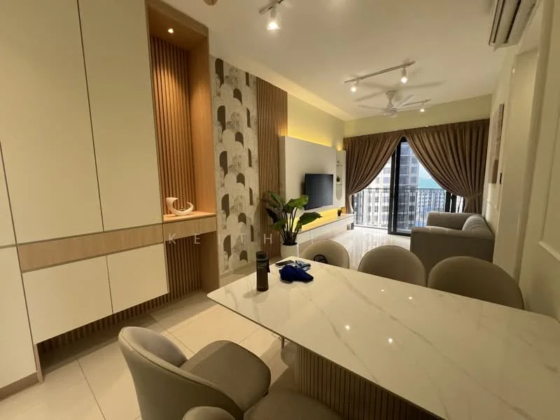 Living features: light-colored walls, wood paneling on feature wall, floor-to-ceiling windows, curtains in beige, sofa in light grey, coffee table with marble top, wall-mounted TV, ceiling fan, recessed downlights, decorative plant in pot, dining table with upholstered chairs, marble flooring; style: modern; view: city.