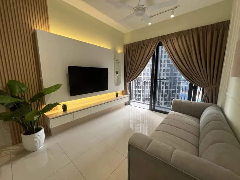 Living features: grey fabric sofa, wall-mounted TV, white TV console with drawers, recessed lighting, ceiling fan with light, floor-to-ceiling windows, curtains in beige, decorative potted plant, white tiled flooring, accent wall with wood paneling; style: modern; view: city.