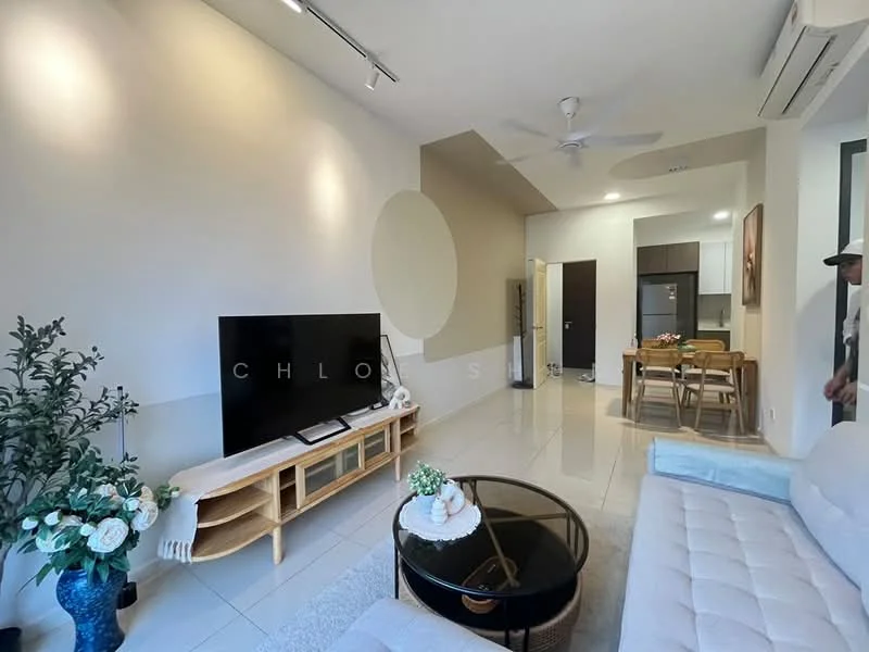 Living features: white painted walls, glossy tile flooring, 5-blade ceiling fan with light, sofa in light fabric, coffee table with glass top, TV console, wall-mounted TV, decorative houseplants, area rug, dining table with chairs visible in background, kitchen area visible in background; style: modern.