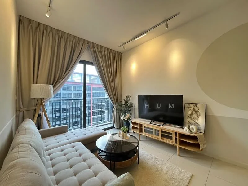 Living features: beige fabric sectional sofa, round glass coffee table, wall-mounted TV, wooden TV console, floor-to-ceiling windows, sheer curtains, decorative vase with flowers, framed artwork, light-colored walls, recessed lighting, tile flooring; style: modern; view: city.