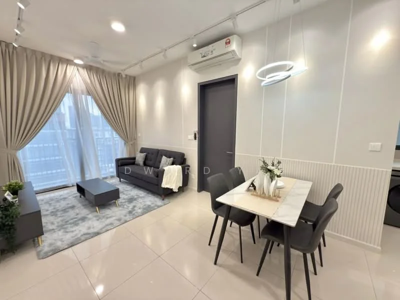 Living features: grey fabric sofa, coffee table, area rug with geometric pattern, floor-to-ceiling windows, sheer curtains, recessed downlights, wall-mounted split AC, decorative plants, chandelier, light-coloured walls with vertical paneling, marble dining table, upholstered dining chairs; style: modern; view: city.