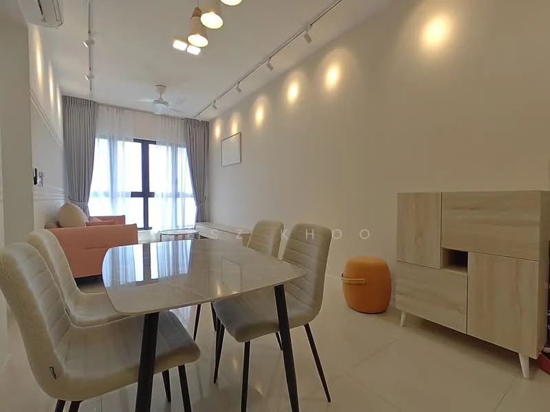 Dining features: 4-seater dining table with glass top, beige upholstered dining chairs, white walls, recessed downlights, large window with sheer curtains, floor-to-ceiling window, light-colored wooden sideboard, orange pouf, cream-colored sofa, ceiling fan; style: modern; view: city. Living features: cream-colored sofa, large window with sheer curtains, white walls, recessed downlights, ceiling fan; style: modern; view: city.