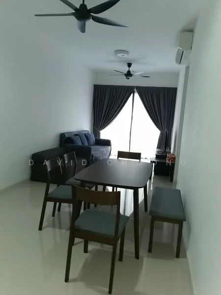 Dining features: 4-seater dining table, wooden dining chairs, grey upholstered bench, sofa in dark blue fabric, floor-to-ceiling windows, sheer curtains, dark ceiling fan with 3 blades, wall-mounted split AC, light-colored tiled flooring, white painted walls; style: modern.