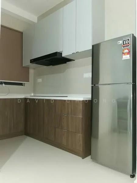 Kitchen features: white upper cabinets, brown lower cabinets, stainless-steel fridge, black range hood, white countertop, tile backsplash, single-bowl stainless-steel sink, built-in cabinetry, window with roller blinds, light-colored flooring; style: modern.
