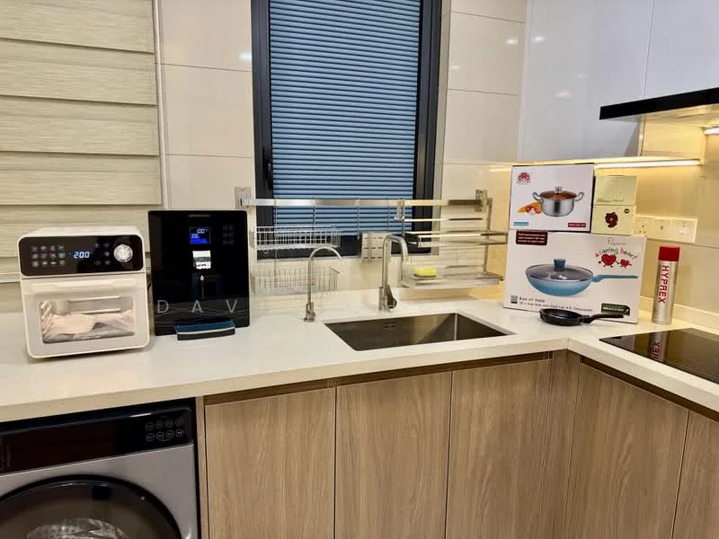Kitchen features: white quartz countertop, single-bowl stainless-steel sink, chrome pull-down faucet, built-in microwave, stainless-steel fridge, 4-burner induction hob, wood cabinetry, kitchen utensils rack, appliance storage, grey tile backsplash, under-cabinet lighting; style: modern.
