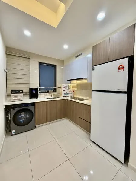 Kitchen features: white upper cabinets, wood lower cabinets, white quartz countertop, stainless-steel sink, chrome pull-down faucet, built-in microwave, freestanding refrigerator, front-load washing machine, ceramic tile flooring, recessed LED downlights, window with blinds, kitchen island, modern cabinetry; style: modern.