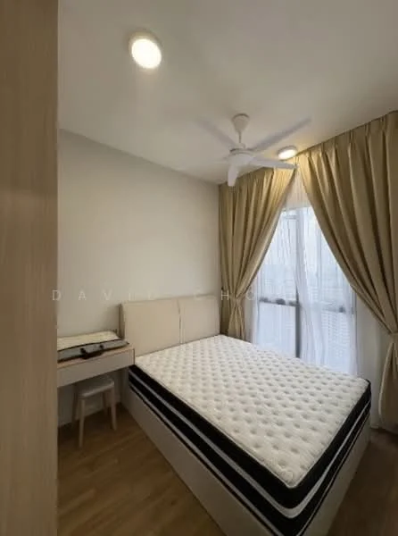 Bedroom features: queen-size bed, upholstered headboard, bedside table, ceiling fan with light, floor-to-ceiling window, sheer curtains, wooden flooring, decorative wall, light-colored walls; style: modern.