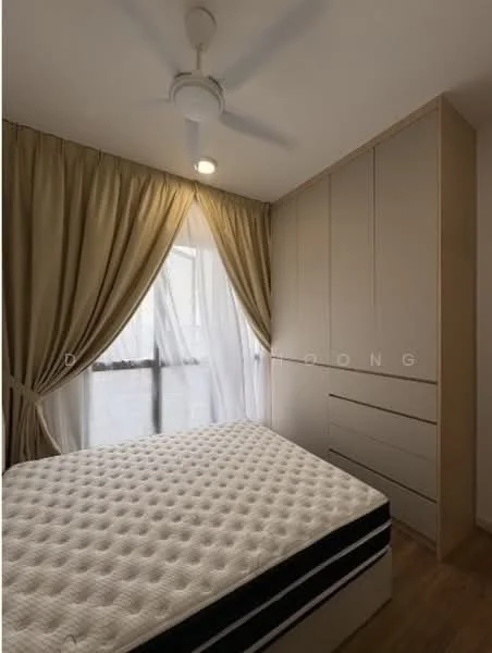 Bedroom features: queen-size bed with mattress, built-in wardrobe with sliding doors, floor-to-ceiling window, sheer curtains, wooden flooring, ceiling fan with light, decorative wall paneling, neutral wall color; style: modern.