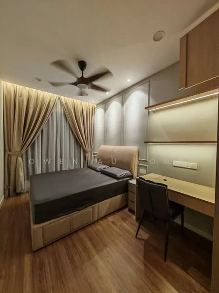 Bedroom features: king-size bed with upholstered headboard, bedside table, study desk with chair, ceiling fan, wooden flooring, curtains with sheer and blackout layers, wall-mounted light fixtures, built-in wardrobe, decorative wall paneling, recessed lighting; style: modern.