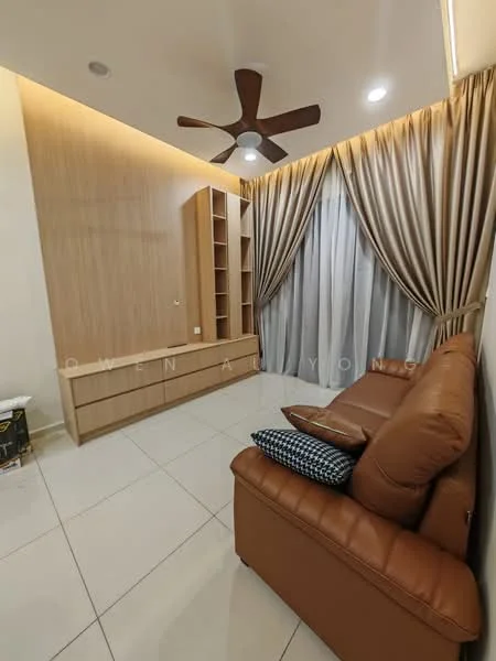 Living features: brown leather sofa, 3-seater sofa, wooden TV console, built-in shelving unit, floor-to-ceiling curtains, recessed downlights, ceiling fan, white tiled flooring, wood panel accent wall; style: modern.
