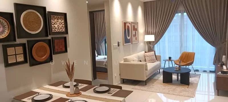 Living features: white walls, cream curtains, floor-to-ceiling windows, light grey sofa, orange accent chair, black coffee table, area rug with geometric pattern, framed artwork on walls, decorative wall plates, dining table with place settings; style: modern.