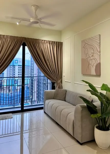 Living features: 3-seater fabric sofa in light grey, floor-to-ceiling windows, sheer curtains, heavy drapes, ceiling fan with light, decorative wall art, potted plant, glossy tile flooring, neutral wall color, balcony view; style: modern; view: city.