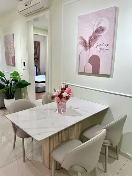 Dining features: marble dining table, 4 upholstered dining chairs in light grey, decorative vase with flowers, framed wall art with abstract design, white painted walls, tile flooring, indoor plants in ceramic pots, recessed ceiling lights, air conditioning unit on wall; style: modern.