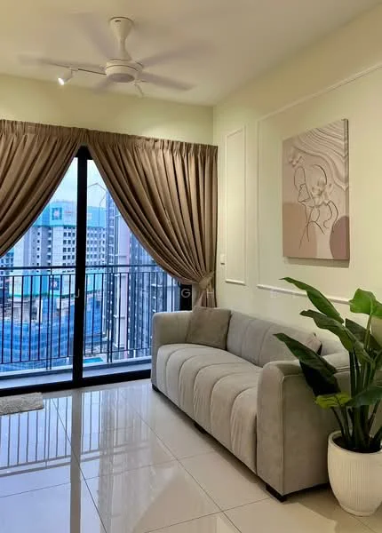 Living features: 3-seater fabric sofa in light grey, floor-to-ceiling windows, curtains in beige, ceiling fan with light, decorative wall art, potted plant, white tiled flooring, wall paneling; style: modern; view: city.