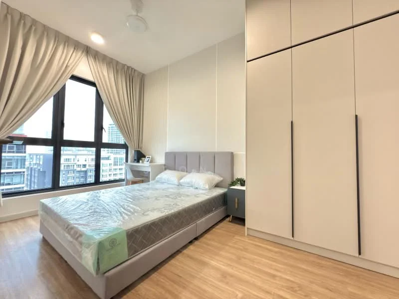 Bedroom features: queen-size bed with upholstered headboard, bedding with decorative pillows, built-in wardrobe with sliding doors, desk with chair, floor-to-ceiling windows, sheer curtains, wooden flooring, ceiling fan, decorative plant on bedside table; style: modern; view: city.