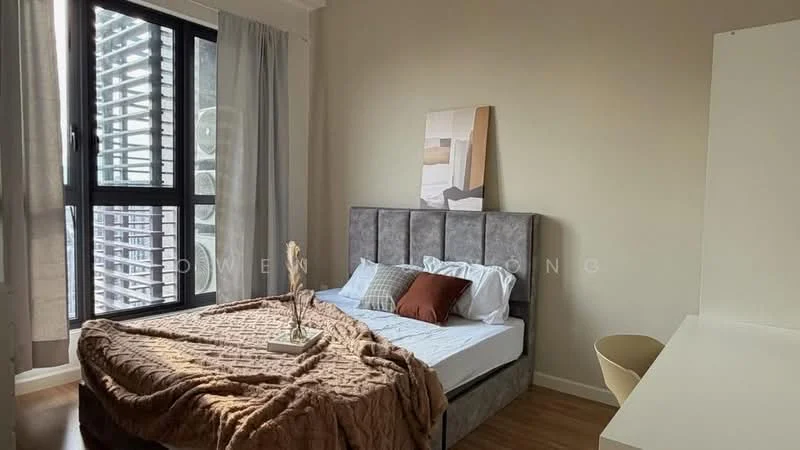 Bedroom features: queen-size bed with upholstered headboard, decorative throw blanket, two decorative pillows, floor-to-ceiling window, sheer curtains, wooden flooring, wall-mounted artwork, side table, desk with chair; style: modern.
