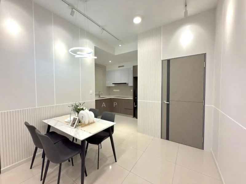 Dining features: white marble dining table, 4 black upholstered dining chairs, pendant light fixture, white painted walls, light grey accent wall, tile flooring, recessed lighting, open layout to kitchen, decorative plant on table; style: modern. Kitchen features: white cabinetry, grey countertop, built-in oven, stainless-steel sink, chrome faucet, recessed downlights, tile backsplash, open layout to dining area; style: modern.
