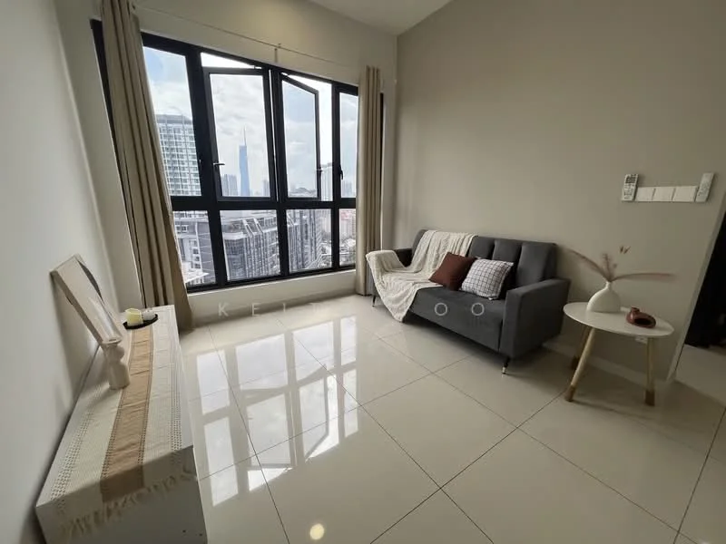 Living features: grey fabric sofa, white coffee table, large floor-to-ceiling windows, curtains, polished ceramic tile flooring, neutral painted walls, decorative vase on table, decorative items on console table; style: modern; view: city.