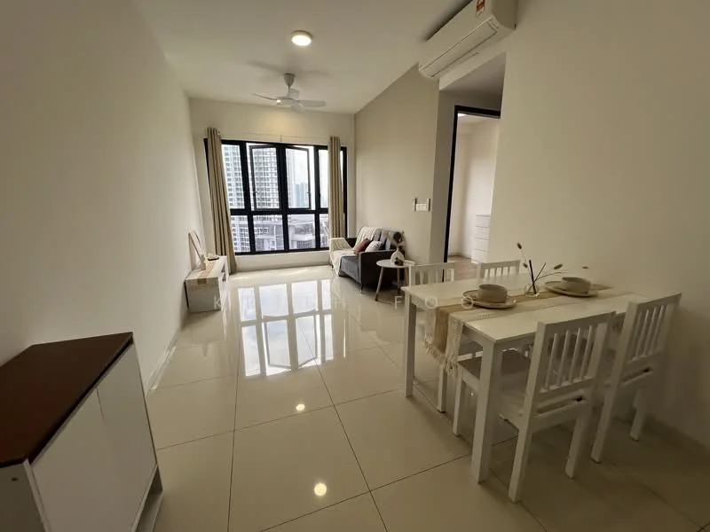 Living features: white painted walls, glossy tile flooring, 5-blade ceiling fan with light, floor-to-ceiling windows, grey fabric sofa, dining table with 4 white chairs, decorative vase on table, air conditioning unit; style: modern; view: city.