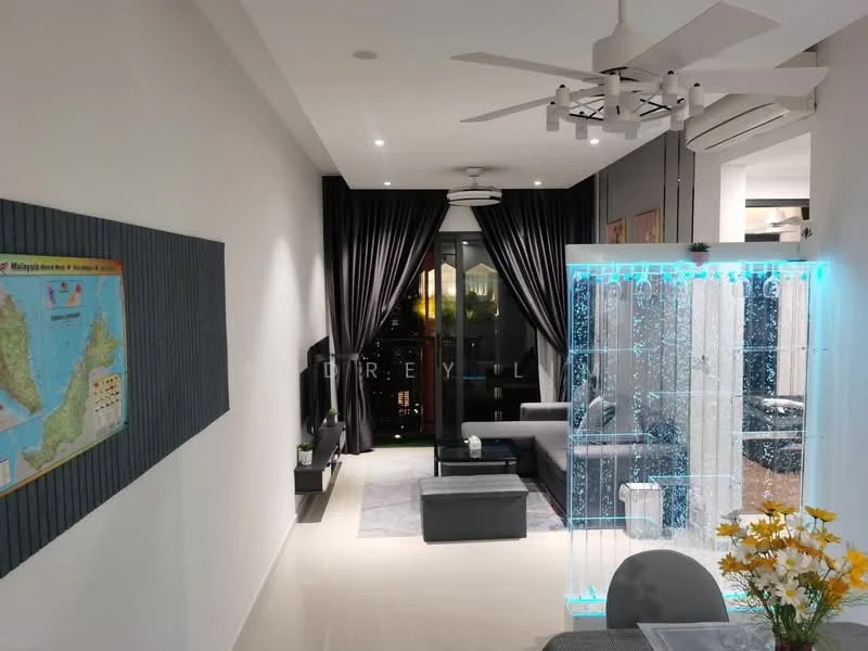 Living features: 5-blade ceiling fan with light, floor-to-ceiling windows, blackout curtains, grey sofa, glass coffee table, decorative wall map, decorative wall paneling, recessed downlights, light-colored flooring, indoor plants in ceramic pots, transparent water feature, dining table with chairs; style: modern; view: city.