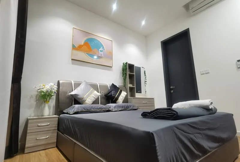 Bedroom features: queen-size bed with grey upholstered headboard, grey bedding, two bedside tables with drawers, decorative wall art with landscape design, built-in wardrobe, wooden flooring, recessed ceiling lights, air conditioning unit on wall, black door, decorative plant on bedside table, rolled towels on bed; style: modern.