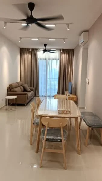 Dining features: 6-seater dining table, wooden dining chairs, bench seating, light-coloured table, transparent chair covers, pendant lighting, recessed downlights, floor-to-ceiling windows, curtains, cream painted walls, polished tile flooring, 1 wall-mounted split AC, ceiling fan with light; style: modern; view: city. Living features: 3-seater fabric sofa in beige, coffee table, floor-to-ceiling windows, curtains, cream painted walls, polished tile flooring, 1 wall-mounted split AC, ceiling fan with light; style: modern; view: city.