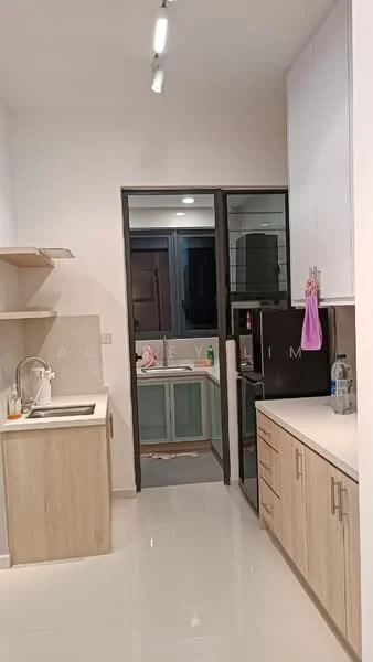 Kitchen features: white painted walls, light wood cabinetry, stainless-steel sink, chrome pull-down faucet, white countertop, built-in refrigerator, glass door, recessed downlights, tile flooring, open shelving; style: modern.