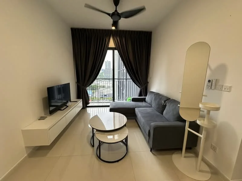 Living features: 3-seater fabric sofa in grey, coffee table with round top, TV console, wall-mounted TV, floor-to-ceiling windows, blackout curtains, ceiling fan, light-colored tiled flooring, decorative wall paneling, balcony view, decorative mirror; style: modern; view: city.