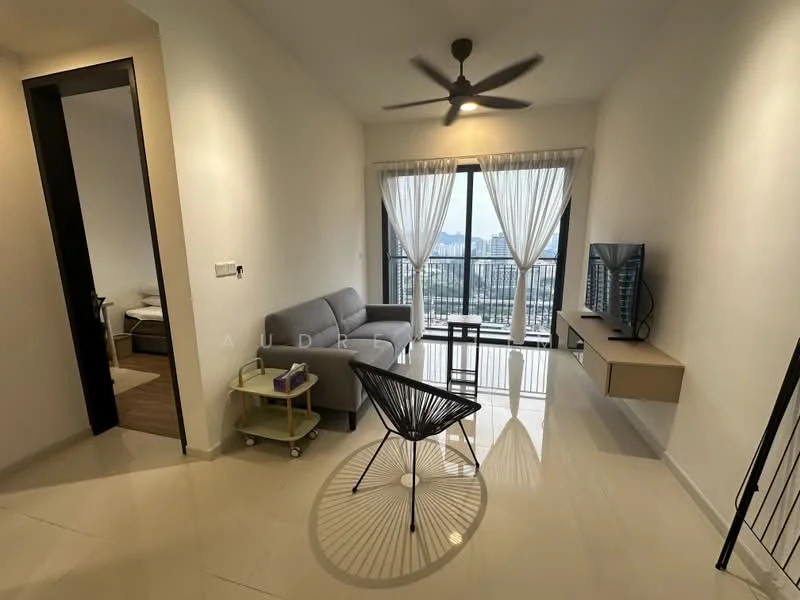Living features: grey fabric sofa, black wire chair, wall-mounted TV, light wood TV console, floor-to-ceiling windows, sheer curtains, white painted walls, marble tile flooring, ceiling fan with light, decorative wall; style: modern; view: city. Room features: doorway leading to another room, wooden flooring visible in adjacent room.