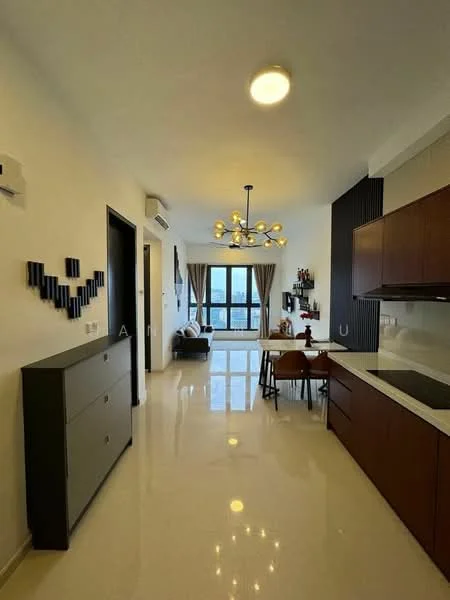 Living features: white painted walls, polished tile flooring, 5-blade ceiling fan with light, chandelier, floor-to-ceiling windows, curtains, black accent wall, wood cabinetry, dining table with chairs, sofa, decorative wall art, shelves with decorative items; style: modern; view: city.