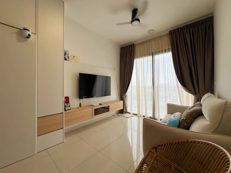 Living features: light-colored walls, cream curtains, floor-to-ceiling windows, white ceiling, 5-blade ceiling fan, wall-mounted TV, wooden TV console, light-colored tiled flooring, sofa in light fabric, decorative cushions, decorative wall art, rattan chair; style: modern; view: city.