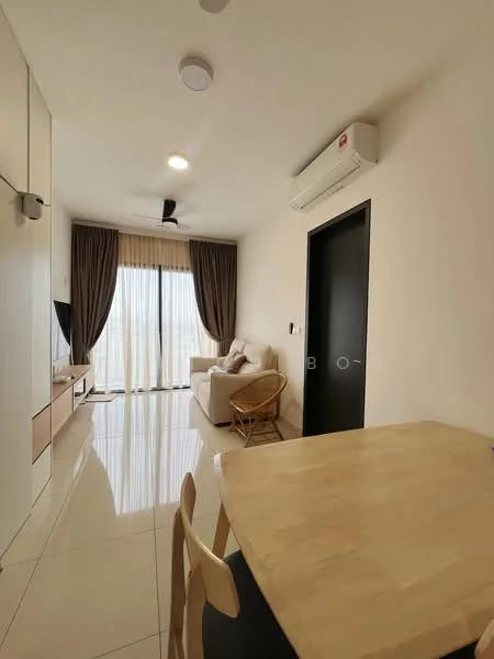 Living features: cream painted walls, glossy tile flooring, 5-blade ceiling fan with light, wall-mounted TV, sofa in light beige, coffee table, floor-to-ceiling windows with sheer curtains, air conditioning unit, decorative wall panel, dining table with two chairs; style: modern; view: city.