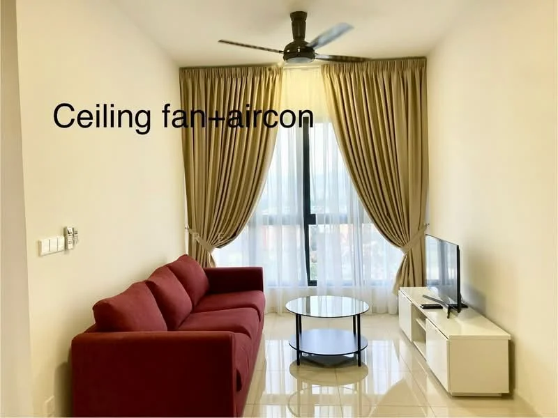 Living features: 3-seater fabric sofa in red, coffee table with round glass top, TV console in white, wall-mounted TV, floor-to-ceiling windows, sheer curtains in beige, ceiling fan, air conditioning unit, glossy tile flooring, neutral painted walls; style: modern; view: city.