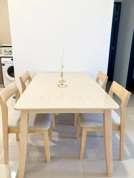 Dining features: rectangular dining table with light-colored stone top, four wooden dining chairs with light wood finish, upholstered seat cushions in light fabric, minimalist design, neutral color palette, white painted walls, ceramic tile flooring, decorative centerpiece on table; style: modern. Laundry features: front-load washing machine, white cabinetry above washer.