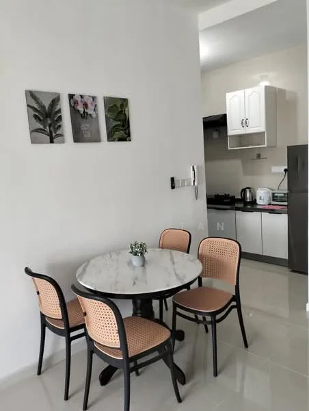 Dining features: round marble dining table, 4 dining chairs with cane backrest, white painted walls, glossy tile flooring, decorative plant on table, framed artwork on walls, kitchen area visible in background, built-in kitchen cabinets; style: modern.