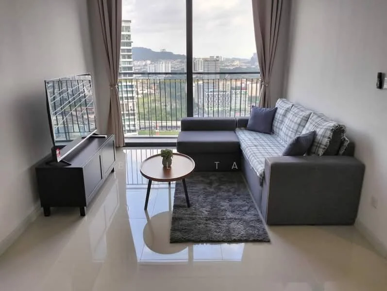 Living features: grey fabric sofa, plaid patterned throw pillows, round wooden coffee table, area rug with geometric pattern, floor-to-ceiling windows, curtains, TV console, wall-mounted TV, city skyline view, polished tile flooring, decorative plant on table; style: modern; view: city.
