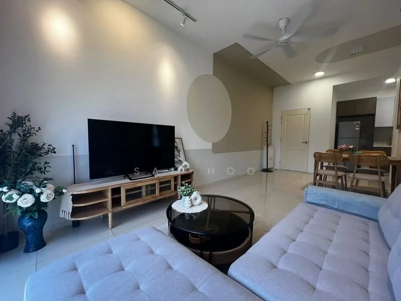 Living features: 3-seater fabric sofa in light grey, round coffee table with glass top, wall-mounted TV, wooden TV console, decorative houseplants in ceramic pots, white painted walls, recessed ceiling lights, ceiling fan with light, dining area visible in background, tile flooring; style: modern. Dining features: 4-seater wooden dining table, wooden dining chairs, open layout to living area, kitchen visible in background; style: modern.