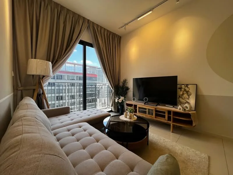 Living features: 3-seater fabric sofa in beige, coffee table with round glass top, floor-to-ceiling windows, curtains in light beige, wall-mounted TV, wooden TV console, decorative artwork, indoor plant in ceramic pot, recessed lighting, neutral painted walls, tile flooring; style: modern; view: city.