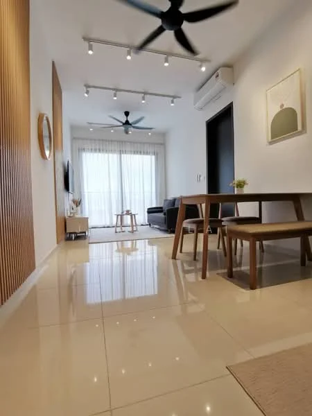 Living features: glossy ceramic tile flooring, white painted walls, recessed LED downlights, 5-blade ceiling fan, sofa in dark color, coffee table, TV console, floor-to-ceiling windows with sheer curtains, dining table with wooden finish, decorative wall art, open layout, natural light from windows; style: modern; view: city.