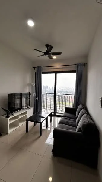 Living features: 3-seater fabric sofa in grey, black coffee table, TV console with storage, wall-mounted TV, floor-to-ceiling windows, sliding glass door, sheer curtains, 5-blade ceiling fan with light, recessed downlights, cream painted walls, glossy tile flooring; style: modern; view: city.