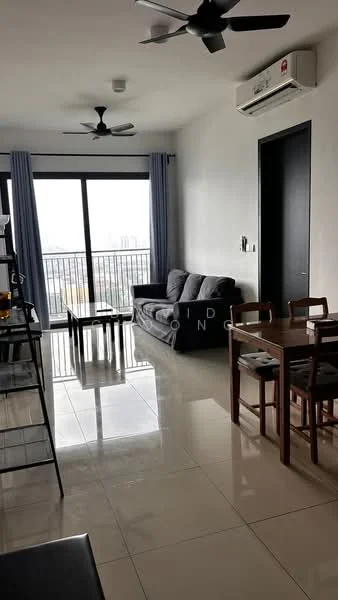 Living features: 2-seater fabric sofa in grey, coffee table, 4-seater dining table, 4 dining chairs, wall-mounted split AC, 2 ceiling fans, floor-to-ceiling windows, curtains, glossy tile flooring, light-colored walls, black door, shelving unit; style: modern; view: city.