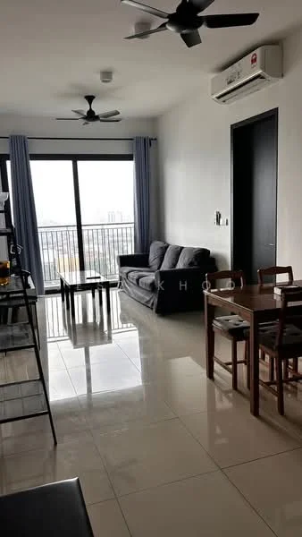Living features: grey fabric sofa, 2-seater sofa, black coffee table, dining table for 4, 4 wooden dining chairs, floor-to-ceiling windows, curtains, 2 ceiling fans, wall-mounted air conditioning unit, glossy tile flooring, white painted walls, black door; style: modern; view: city.