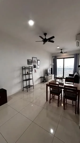 Living features: white painted walls, glossy tile flooring, 2 ceiling fans, sofa, coffee table, TV console, wall-mounted TV, dining table with 4 chairs, bookshelf, large window with city view, curtains, decorative wall art; style: modern; view: city.