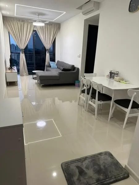 Living features: grey fabric sectional sofa, white dining table for 4, black dining chairs, floor-to-ceiling windows, sheer curtains, recessed LED downlights, polished tile flooring, wall-mounted TV console, air conditioning unit, decorative wall clock; style: modern; view: city.