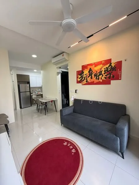 Living features: 3-seater fabric sofa in grey, red area rug with decorative pattern, wall-mounted air conditioning unit, ceiling fan, recessed lighting, dining table with chairs, framed artwork on wall, white tiled flooring; style: modern. Kitchen features: stainless-steel fridge, white cabinetry, open-plan layout, countertop with bar seating, kitchen appliances visible; style: modern.